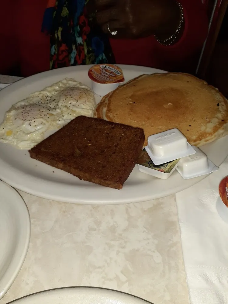 Pancakes Scrapple & 3 over Easy Eggs